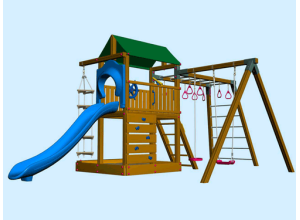 Деревянная детская площадка с домиком, песочницей, кольцами и перекладиной